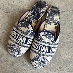 Dior Blue and Cream Logo Toile Slip-On Mules